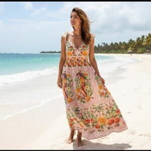 Tropical pink green parrot floral babydoll maxi dress vacation resort Large boho